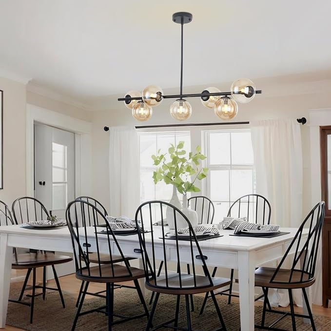 Mid Century Modern Linear Chandelier, 7-Light Black Pendant Light with Amber Glass Globes, Dimmable Kitchen Island Lighting Dining Room Light Fixtures Over Table for Living Room, Entryway & Bedroom