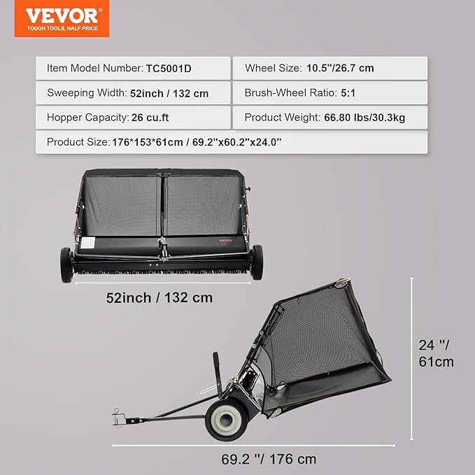 VEVOR 52 Inch Lawn Sweeper Tow Behind, 26 cu.ft. Large Pull Behind Grass Sweeper, Heavy Duty Leaf & Grass Collector with Dumping Rope Design, Adjustable Sweeping Height for Picking Up Debris & Grass