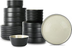 Stone Lain Elica 24-Piece Modern Dinnerware Set Stoneware, Plates and Bowl Sets for 8, Beige and Black