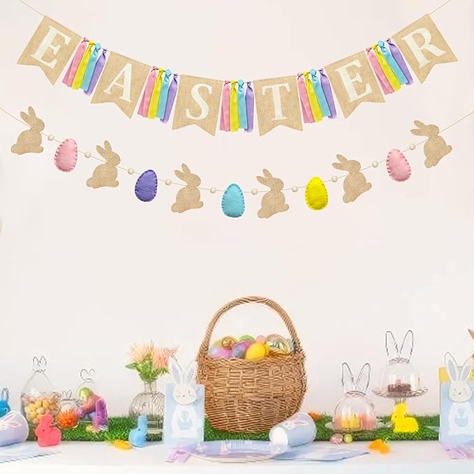 Easter Party Decorations Burlap Rabbit Bunny 3D Felt Egg with Wood Beads Garland Felt Easter Sign Burlap Pennant Banner Flag with Pastel Ribbon for Easter Spring Birthday Baby Shower Party Supplies