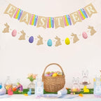 Easter Party Decorations Burlap Rabbit Bunny 3D Felt Egg with Wood Beads Garland Felt Easter Sign Burlap Pennant Banner Flag with Pastel Ribbon for Easter Spring Birthday Baby Shower Party Supplies