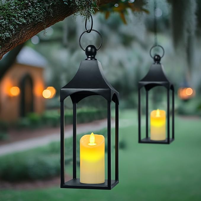 Eufrozy Lanterns Decorative Outdoor Indoor Set of 2 Black Metal Candle Lanterns with Flameless Candle, Modern Farmhouse Lantern Decor for Porch Patio Fireplace Mantle Kitchen Table Christmas Gifts