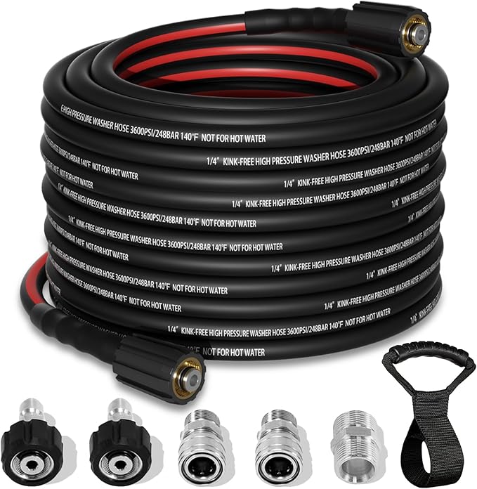 Flexible Pressure Washer Hose 50 FT, 3600 PSI Kink Resistant Power Washer Hose Replacement, 1/4" electric Washer Hose Extension With M22 x 3/8" Quick Connector