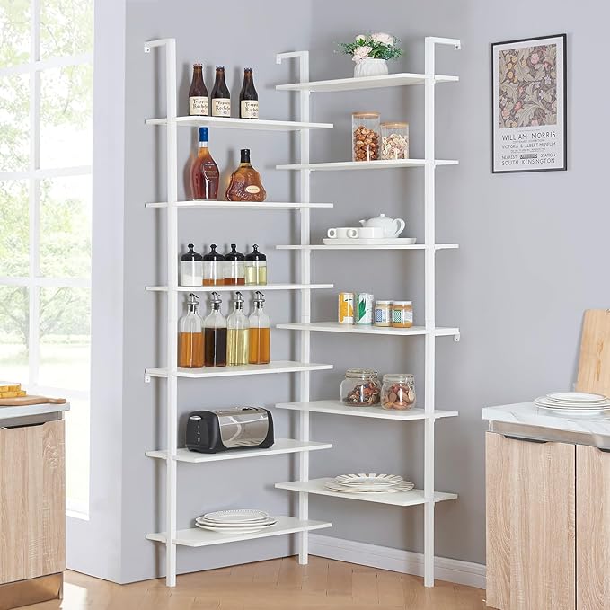 HOMISSUE Corner Bookshelf,12-Tier L Shaped Bookshelf, Double Wide Corner Wall Mount Bookcase with Metal Frame and Wood,Modern Industrial Corner Shelf for Living Room, Kitchen, Home Office White