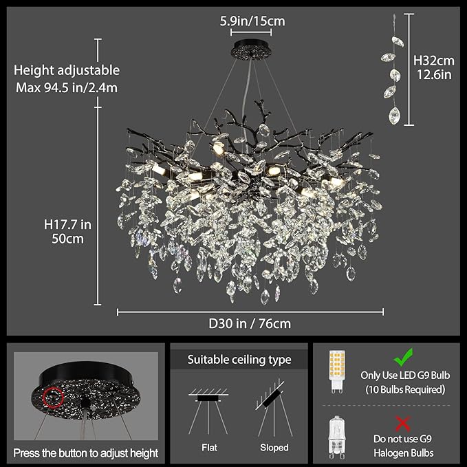 Modern Black Crystal Tree Branch Chandelier, 10-Light 30" Black K9 Crystal Chandeliers for Dining Room, Round Chandelier for Living Room,High Ceiling,Kitchen Island,Foyer,Staircase