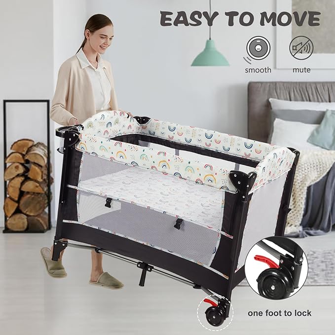 Kinder King 4 in 1 Portable Nursery Center, Foldable Baby Bedside Crib w/Bassinet, Infant Pack n Play Playard Toddler Large Playpen, Newborn Changing Table, Storage Basket, Side Zipper,Multicolour