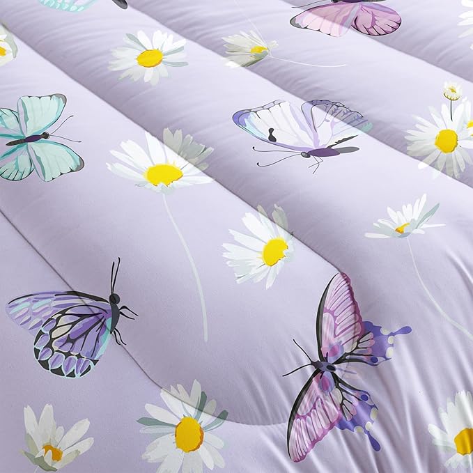 Butterfly Comforter Set for Kids Teens Girls Women,Daisy Kids Comforter,1 Comforter with 2 Pillowcase, Microfiber 3 Piece Bedding Set,for All Seasons(Purple，King Size)