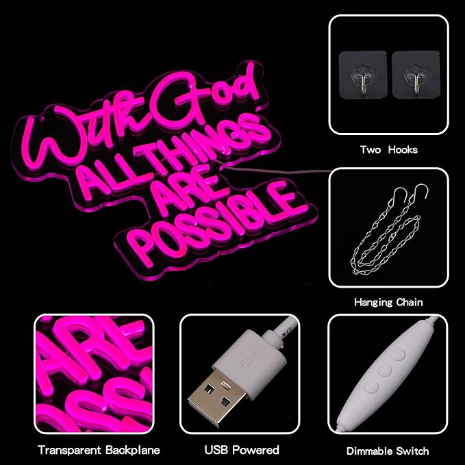 "With God All Things Are Possible" Neon Sign God Neon Light for Wall Decor Letter LED Neon Sign Pink LED Neon Light Dimmable Neon Signs for Bedroom Wedding Church Decoration