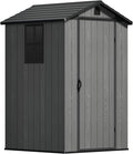 Devoko 4x4 FT Outdoor Shed, Compact & Secure Plastic Resin Storage with Lockable Door, Features Built-in Floor & Window for All-Weather Garden, Patio, and Poolside Organization, Deep Gray