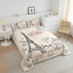 Feelyou Eiffel Tower Comforter Set King Paris Tower Comforter for Girls Romantic Rose Chic Paris Theme Bedding Set Paris Cityscape Printed Heart Love Duvet Set Room Decor Quilt Set Full