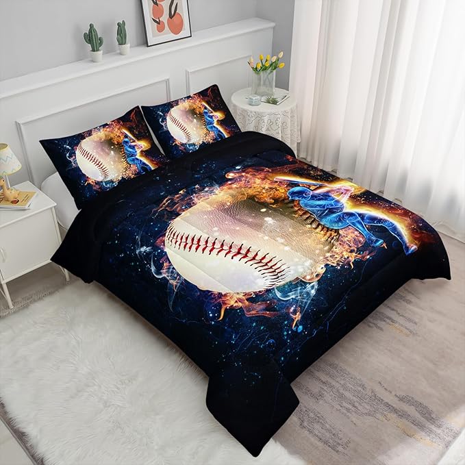 Axolotl 3D Baseball Comforter Set Full,Sports Bedding,Red Blue Water Fire Comforter Set,Sports Baseball Loveer Bedding Set,Sport Game Comforter for Kids Boys Teens Adults,1 Quilt 2 Pillowcases