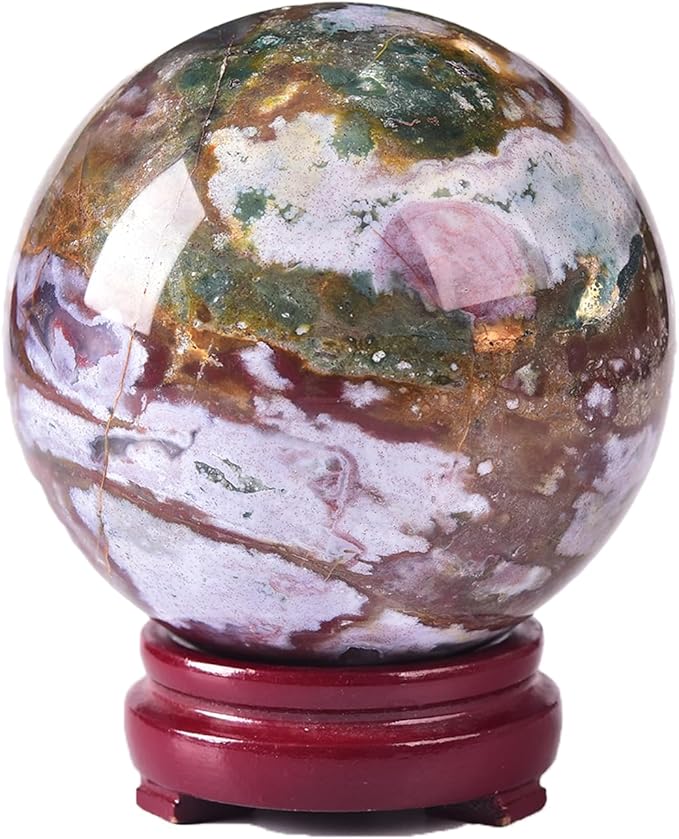 JIC Gem Large Healing Crystal Sphere with Stand Ocean Jasper Crystal Gemstone Decorative Ball for Home Decor Altar Reiki Healing Gift 90-100mm