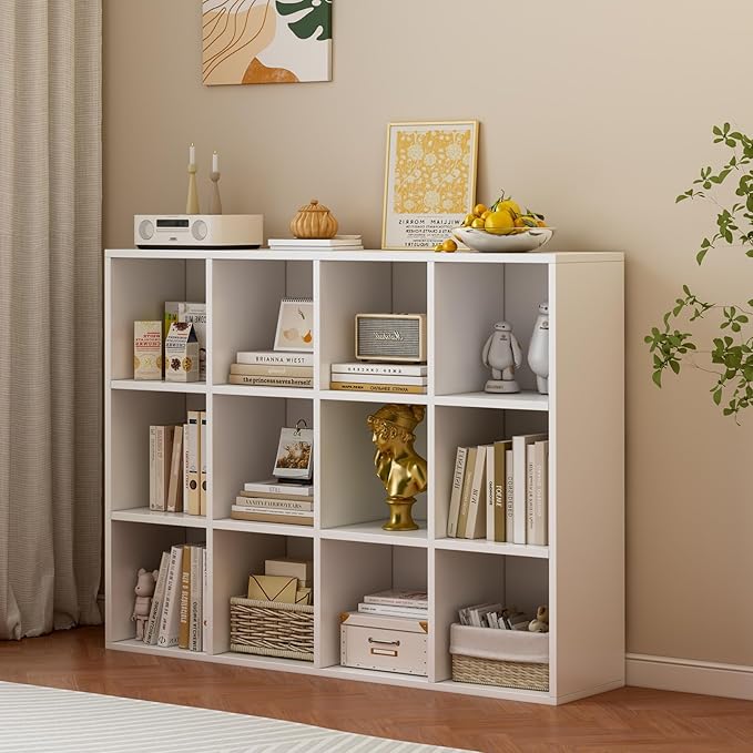 12-Cube Storage Shelf Bookcase - Wooden 3-Tier Floor Standing Open Bookshelf for Home and Office, Display Cabinet, Warm White