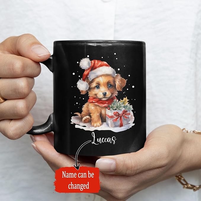 Personalized Name Christmas Puppy Cup - Novelty Coffee Mug 11oz 15oz, Customized Santa Hat Design, Custom Pet Owner Black Ceramic Cup, Gift for Christmas, Puppy Lover