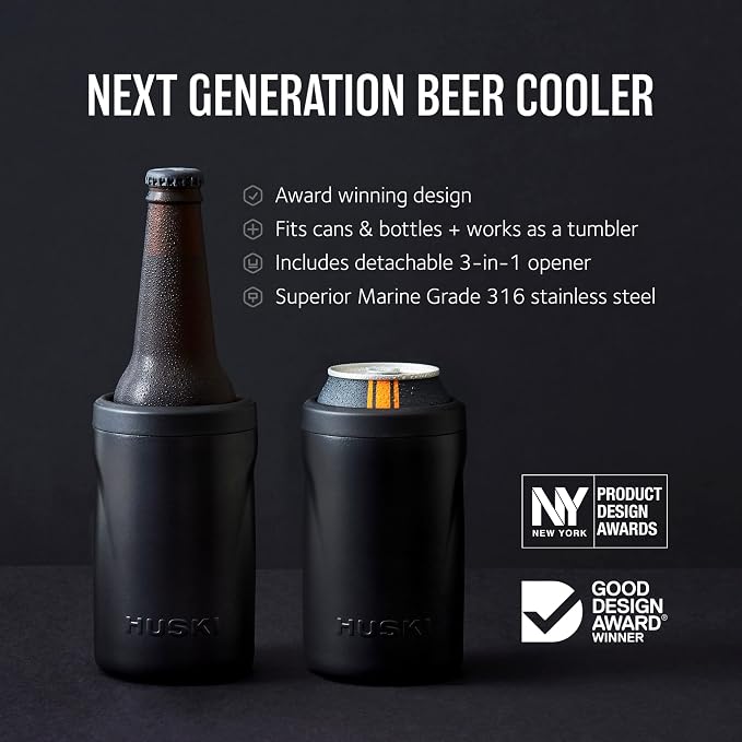 Huski Beer Cooler 2.0 | NEW | Premium Can and Bottle Holder | Triple Insulated Marine Grade Stainless Steel | Detachable 3-in-1 Opener | Works as a Tumbler | Best Gifts for Beer Lovers (Champagne)