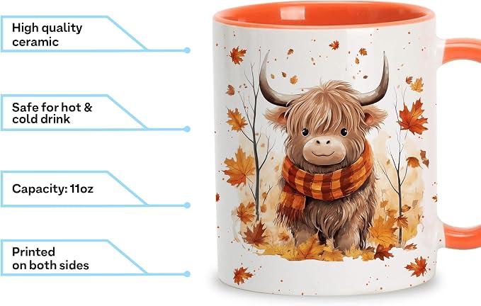 Hyturtle Fall Highland Cow Maple Leaves Coffee Mug Gifts For Cow Lovers | Fall Autumn Decor, Thanksgiving Gift, Premium 11oz White Ceramic Mug, Print on Both Sides, Perfect for Hot or Cold Coffee Tea