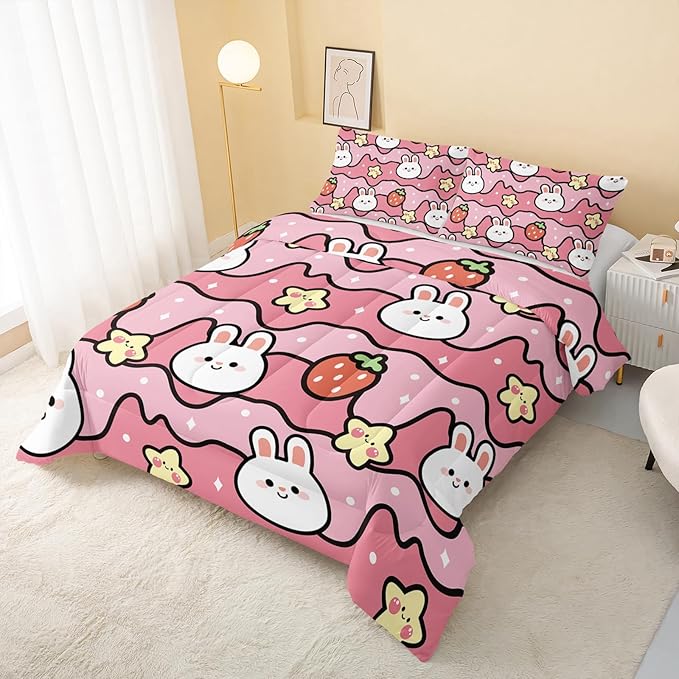 Kawaii Rabbit Comforter,Strawberry Rabbit Comforter Set for Kids Teens Girls,3Pcs Bedding Set Printed Comforter with 2 Pillowcases,Down Alternative,Soft and Lightweight(Pink，Twin Size)