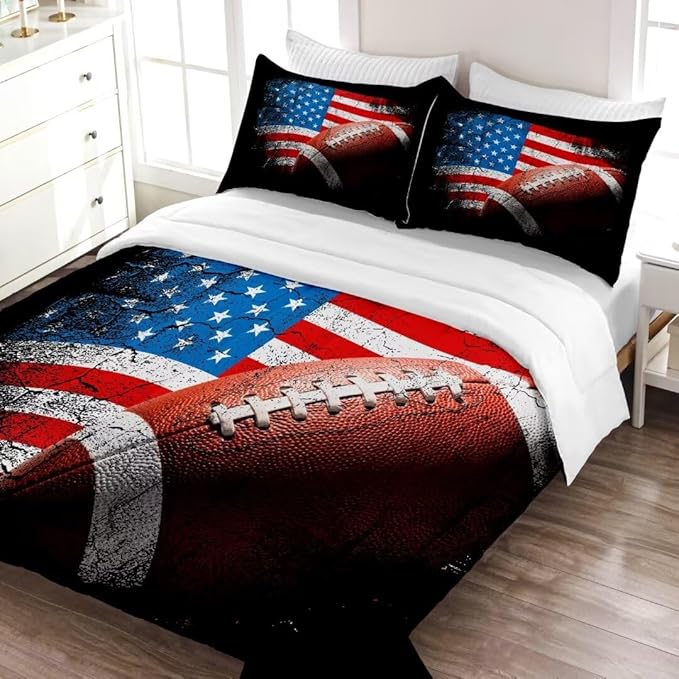 American Football Comforter Set for Boys Teens,Kids Sports Bedding Set Full Size,USA Flag Football Printed Bedroom Sets with 2 Matching Pillow Shams