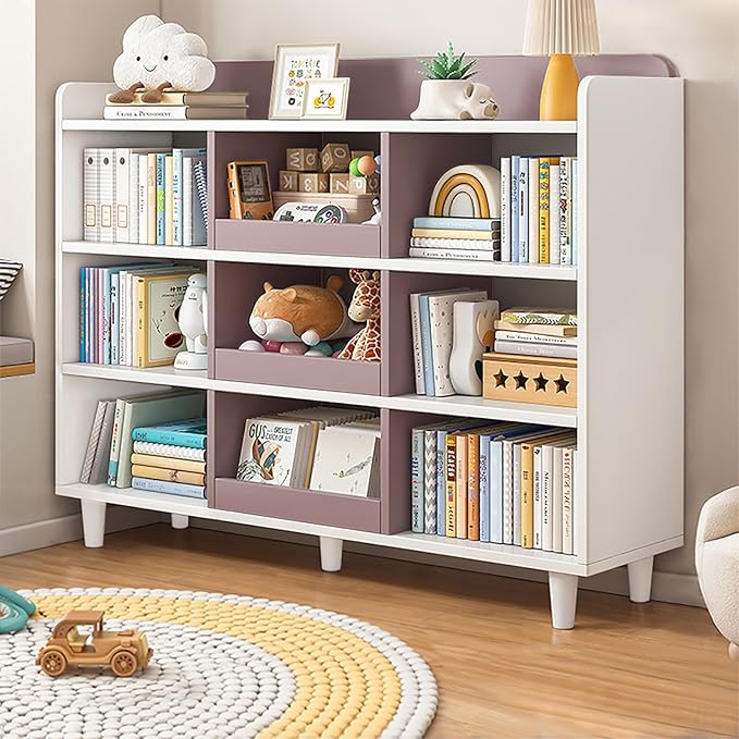 Wooden Cube Bookcase with Legs - 3-Tier Open Shelf Kidsroom Sorted Storage Cabinet Organizer for Books and Toys, 9-Cube Lattice Cute Cubby Bookshelf in White Mixed Mocha Brown, 47" W