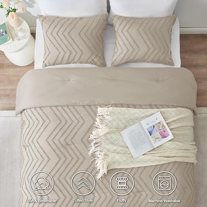 CozyLux Twin/Twin XL Size Comforter Set Beige - 1 Pieces Boho Tufted Shabby Chic Bedding Comforter Set for All Seasons, Chevron Bedding Sets with Comforter & 1 Pillow Shams