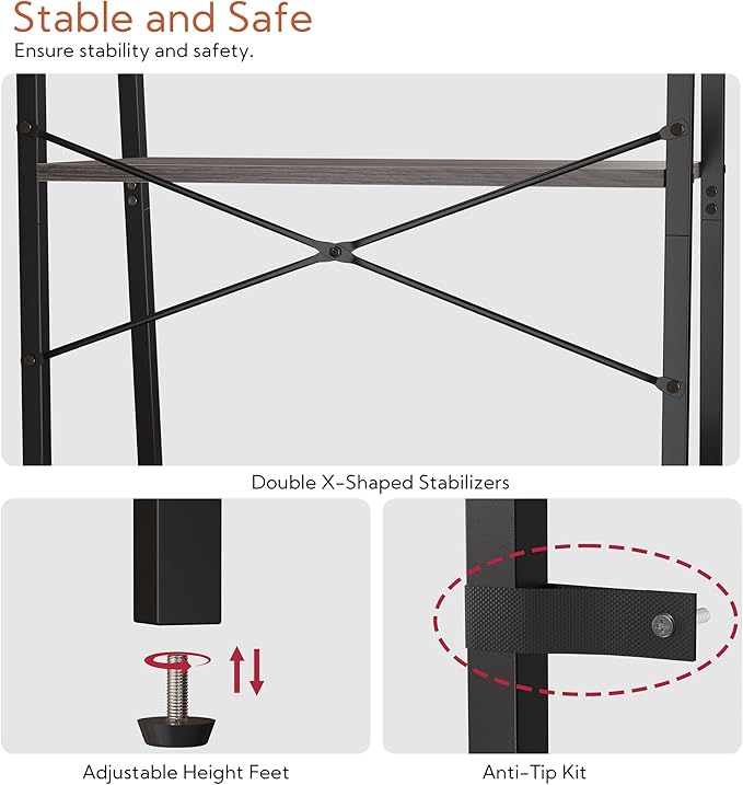 Yusong Bookshelf, Ladder Shelf 5-Tier Bookcase for Bedroom, Industrial Book Shelves Storage Rack with Metal Frame for Home Office, Gray