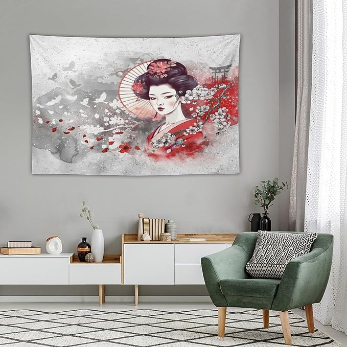 Japanese Geisha Tapestry Asian Red Cherry Blossom Traditional Kimono Folk Tapestries Home Decor for Living Room Bedroom Apartment Farmhouse Dorm 60"x40"