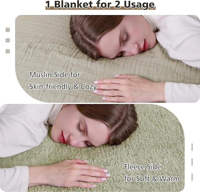 EMME Muslin and Fleece Twin Blanket Reversible - 60"*80" Sage Green Soft Warm Throw Blankets for Couch Bed Picnic Travel Bed