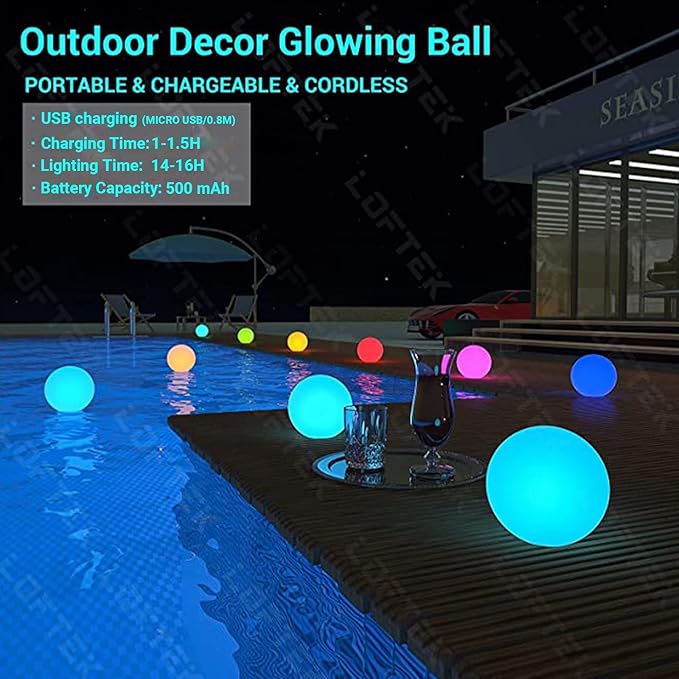 LOFTEK Floating Pool Lights - 6-inch Cordless Ball Light with Remote - 3 Modes & 16 RGB Color Changing Lamp Dimmable - Rechargeable & Hangable & Waterproof Shower Lamp for Party Decor -1 Piece