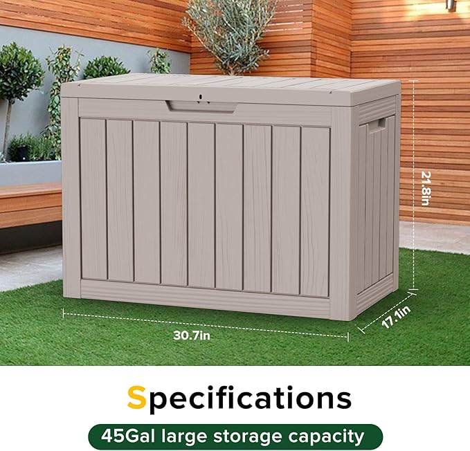 45 Gallon Resin Deck Box, Waterproof Outdoor Storage Bin for Patio, Poolside, and Garden, Lockable & UV-Resistant, Ideal for Small Spaces, Grey