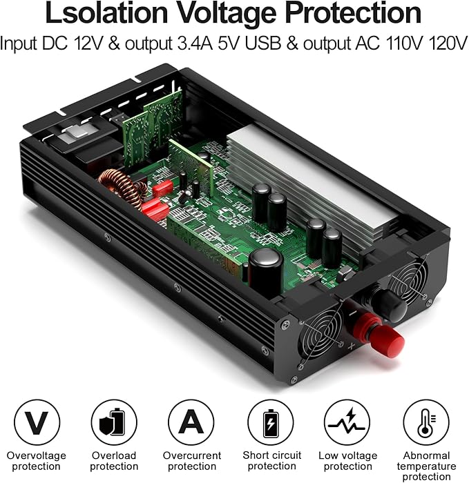 3000W Power Inverter,12V DC to AC 110V120V Peak Power 6000W with 2AC Outlets and 2.4USB Port,LCD Display Car Inverter for Outdoor Activities,Emergency
