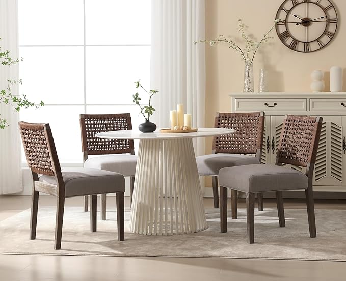 Kmax Farmhouse Dining Chairs Set of 4, Rustic Kitchen Chairs with Linen Fabric Seat and Woven Back, Vintage Accent Chairs for Dining Room, Living Room, Grey