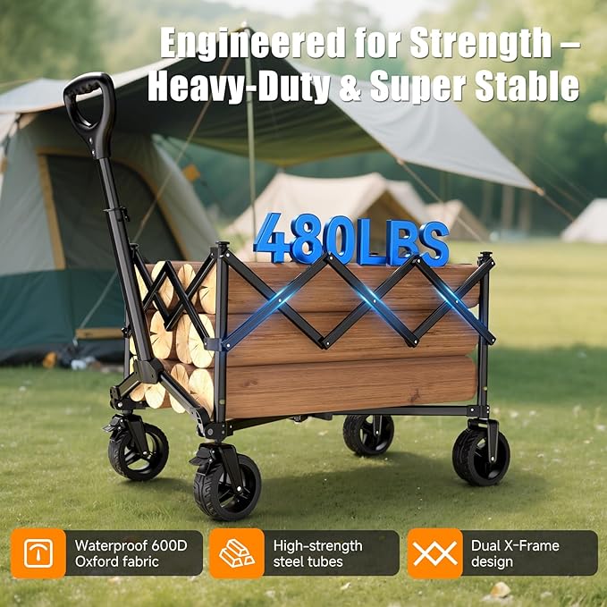 Collapsible Wagon Cart with Universal Wheels, 480LBS Wagons Carts Heavy Duty Collapsible Wagon with Cup Holders, Utility Beach Carts for Camping, Garden, Shopping, Fishing, Sports