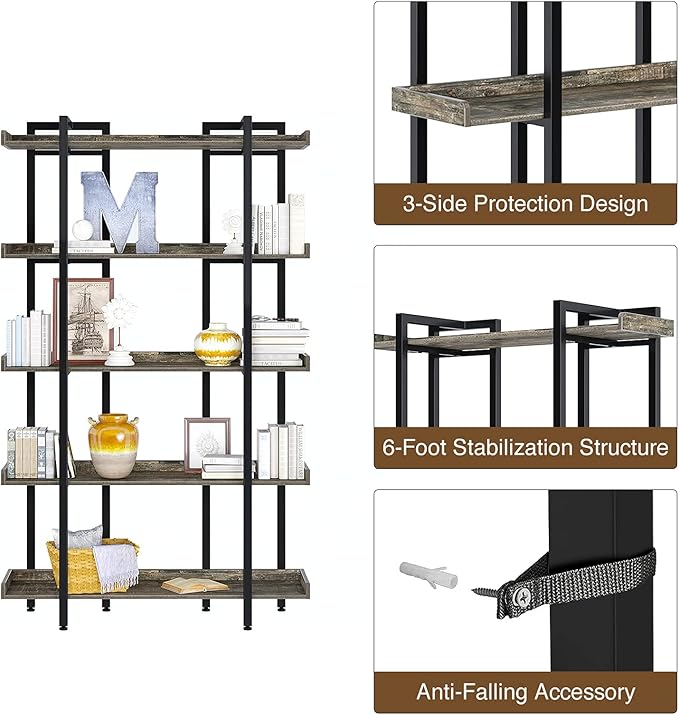 Rolanstar Book Shelf 5-Tier, 71.8’’H Tall Bookshelf for Home Office, Open Wood Display Shelves, Large Standing Bookcase with Metal for Living Room, Industrial Corner Bookshelf Grey