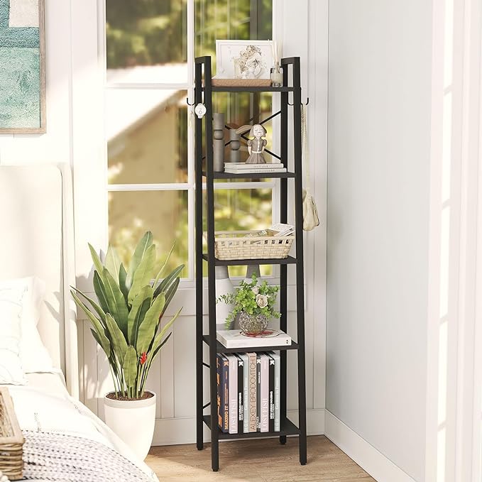 YMYNY 5 Tiers Ladder Bookcase, Industrial Narrow Bookshelf, Open Display Rack with 4 S Hooks, Metal Storage Shelves for Bedroom, Home Office, Living Room, Black, 63H*13.4L*11.8W, UHBC025B