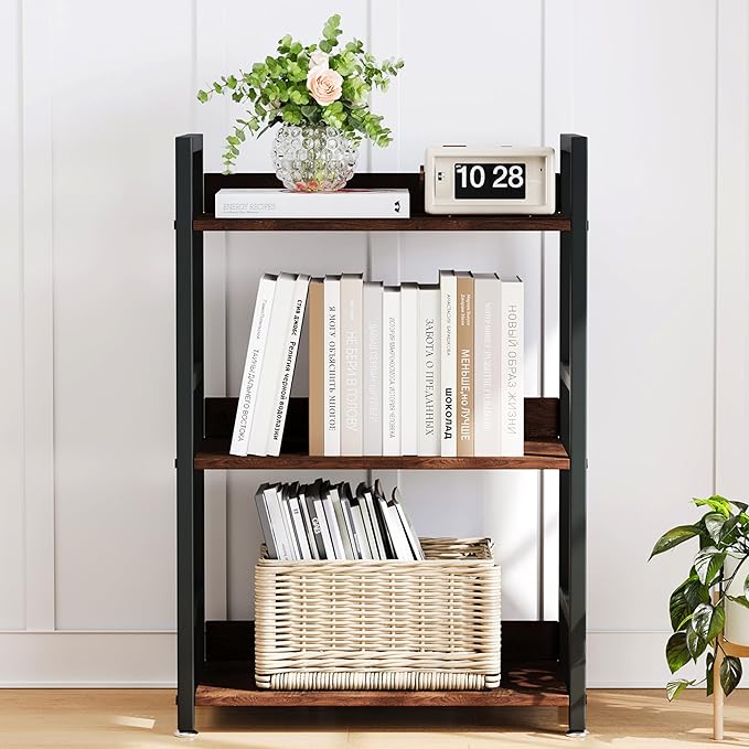 Small Bookshelf for Small Spaces, 3 Tier Small Book Shelf Organizer, Narrow Bookcase for Small Spaces, Small Bookcase for Bedroom, Living Room, Home, Office, 120 lbs Weight Capacity (Brown)