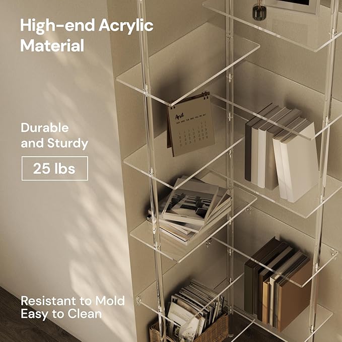 Acrylic Corner Bookshelf, Wall Mounted, 10-Tier L Shaped Bookshelf with Open Shelves, Multipurpose Clear Ladder Bookcase for Living Room, Bathroom, Office, Modern, 73.6" H