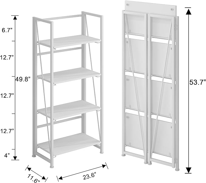No-Assembly Folding Bookshelf Storage Shelves 4 Tiers Vintage Multifunctional Plant Flower Stand Storage Rack Shelves Bookcase for Home Office (All White)