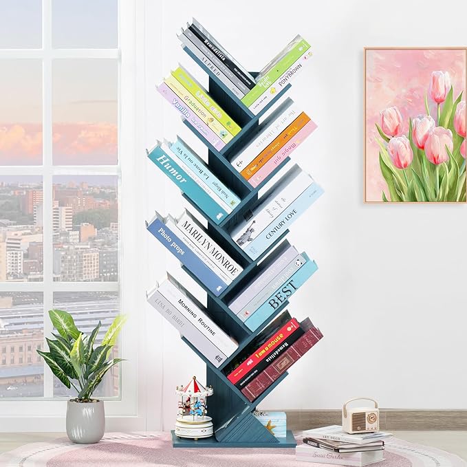 10 Tier Tree Book Shelf, Floor Standing Wood Bookshelf for Narrow Space, Storage Organizer Bookshelves for Books/CDs/Magazine, Bookcase with Shelves for Home Office, Living Room - Blue