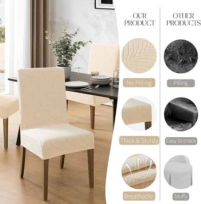 MOSAYT 100% Waterproof Dining Room Chair Covers Set of 4, Super Fit Stretch Jacquard Parson Chairs Slipcovers Removable Washable Chair Seat Protectors for Home, Kitchen, Banquet (Beige)