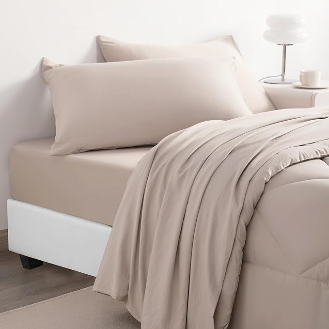 NTBAY Twin Comforter Set with Sheets, 5 Pieces Soft and Breathable Twin Bedding Set, Twin Bed in a Bag, Down Alternative Comforter Set Solid Color All Season, Kids Bedding Set, Taupe