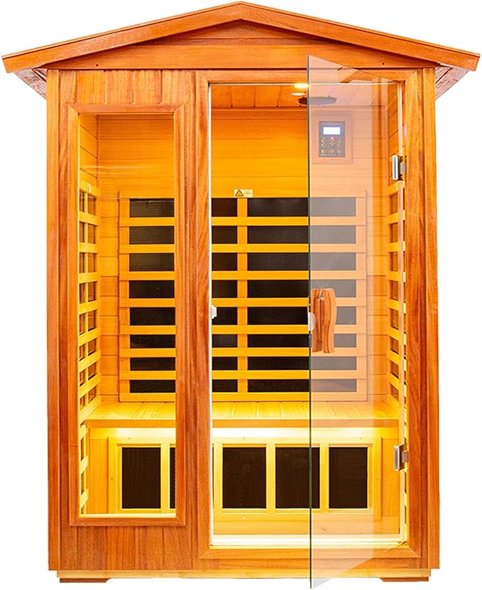 Outdoor Sauna 2 Person Infrared Sauna Far Infrared Saunas for Home 0－5 mg Low EMF Home Sauna Spa Mahogany Wood Sauna Room with Bluetooth Speakers, LED Reading Lamps, Chromotherapy Lights