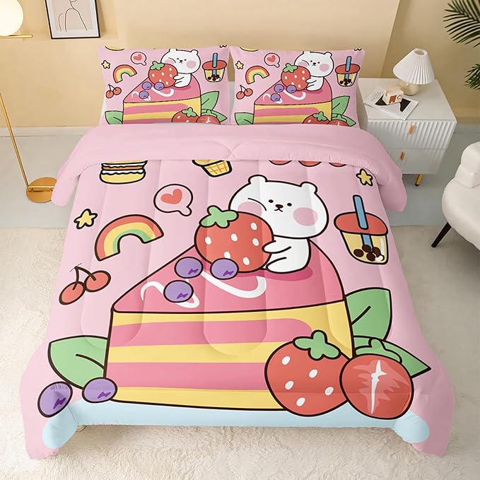 Kawaii Bear Comforter Queen,Pink Bear Comforter Set for Kids Teens Girls,3Pcs Bedding Set Printed Comforter with 2 Pillowcases,Down Alternative,Soft and Lightweight，Queen Size