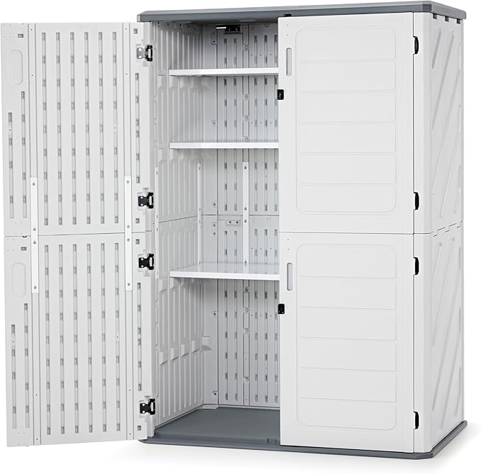 Macrout 50 Cu.Ft Plastic Outdoor Storage Cabinet with Shelves, 4.3 x 2.5 ft Waterproof Resin Outdoor Storage Shed with Floor, Lockable Vertical Shed for Garden and Patio