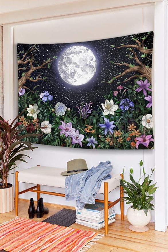 Neasow Aesthetic Moon Garden Tapestry Wall Hanging, Night Landscape with Colorful Plants Floral Tapestries for Bedroom Home Decor Multi Color 68×90 inch (172.5cm×230cm)