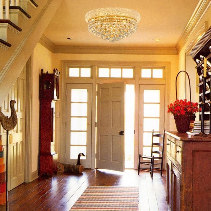 9-Light Crystal Flush Mount Chandelier Ceiling Light Fixture for Living Room Dining Room Bedroom Foyer Entryway Hallway Closet Bathroom (Gold D22)