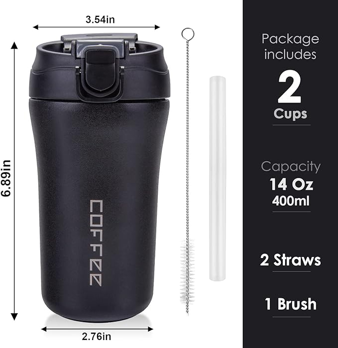 14 oz Travel Coffee Mug, 2 Pack Vacuum Insulated Stainless Steel Tumbler | Spill proof coffee travel mug with lid & straw for hot & cold drinks. Great gift for men & women (Black Grey)