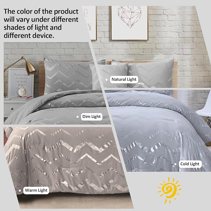 Grey and Silver Comforter Set King Size, Metallic Print Geometric Bedding Set, 4 Piece Lightweight Microfiber Comforter for Teen Girls Boys Women (2 Pillow Shams + 1 Decorative Pillow Sham)