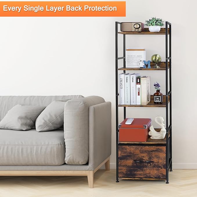5 Tier Bookshelf with Storage, Bookcase with Drawers, Storage Shelves for Living Room / Home Office, Wood Shelves & Metal Shelf Organizer, Book Shelf for Bedroom, Tall & Ladder Bookshelf, Brown