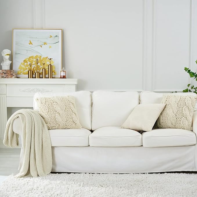 Longhui bedding Chunky Cable Knit Throw Blanket Lightweight Cream 100% Organic Cotton Blanket for Sofa Couch Bed Baby Nursery, Rustic Shabby Chic Modern Farmhouse, 60” x 80” Give Laundering Bag