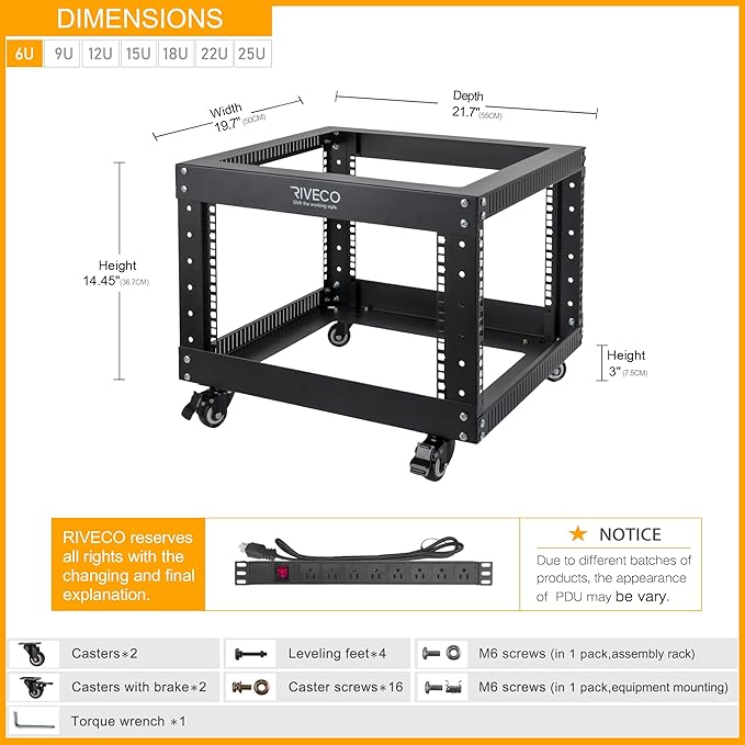 RIVECO 6U Server Rack with Wheels Open Frame Networking Rack+ PDU 8 Outlets Set Black